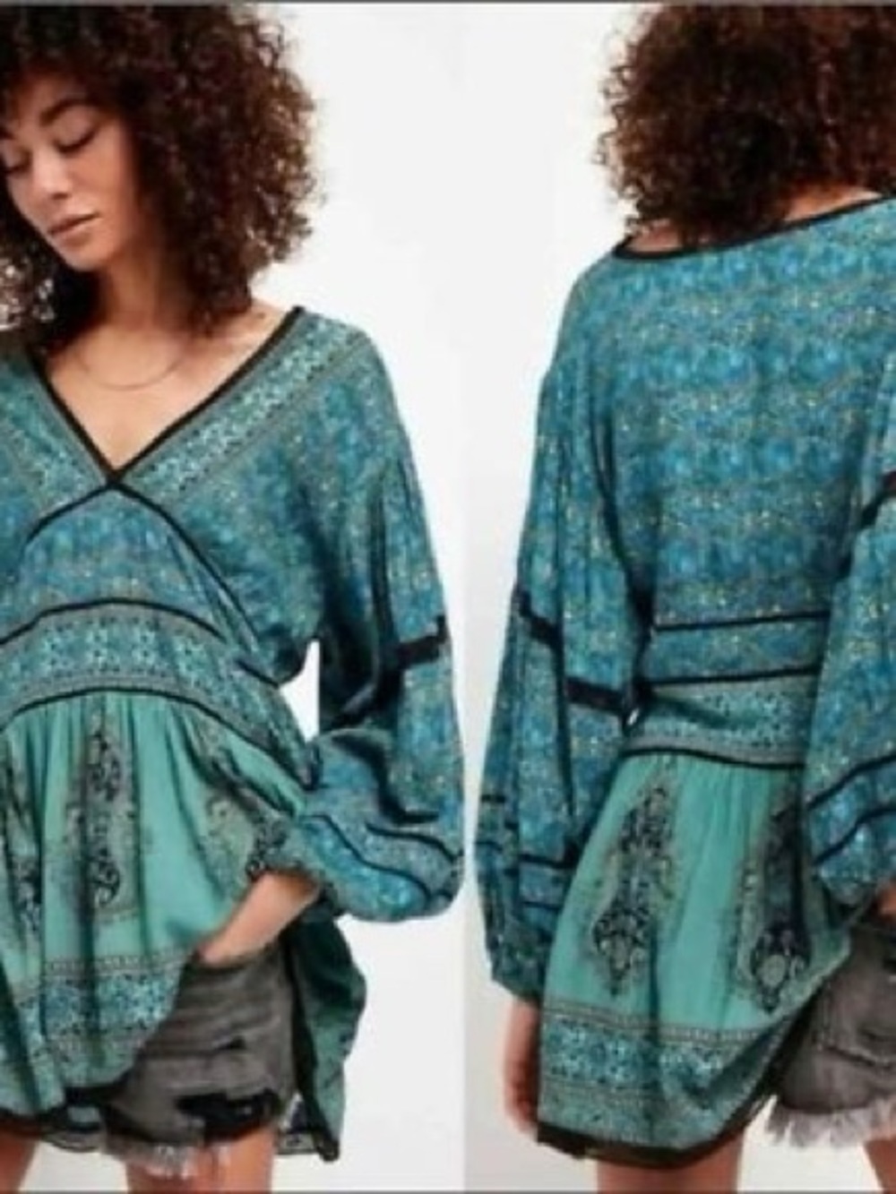 Free People Luna Scarf Paisley Print Boho V-Neck Tunic Mini Dress - Picture 5 of 6
